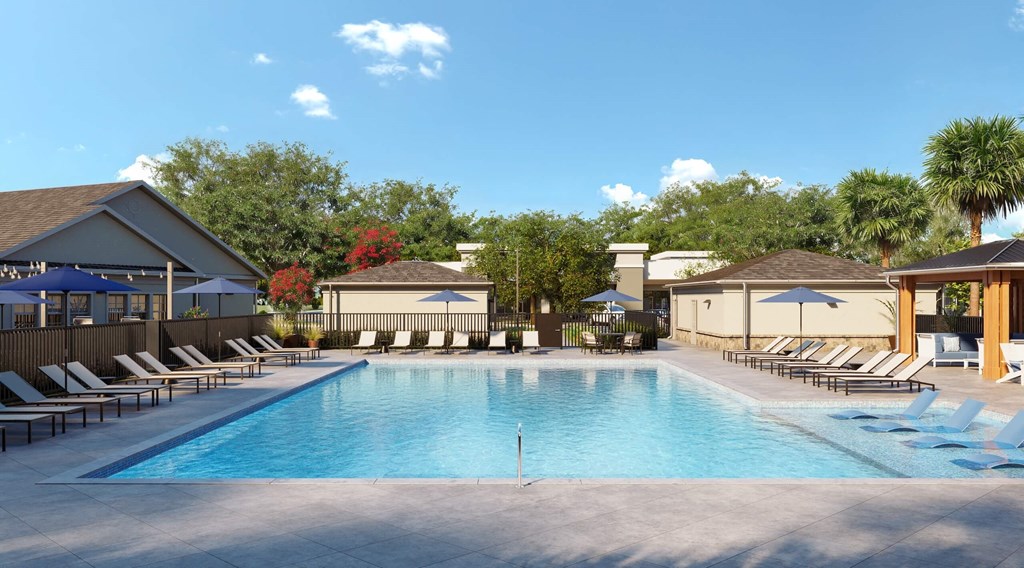 Rendering of a pool with trees in the background at Vanguard apartments in Newberry, FL