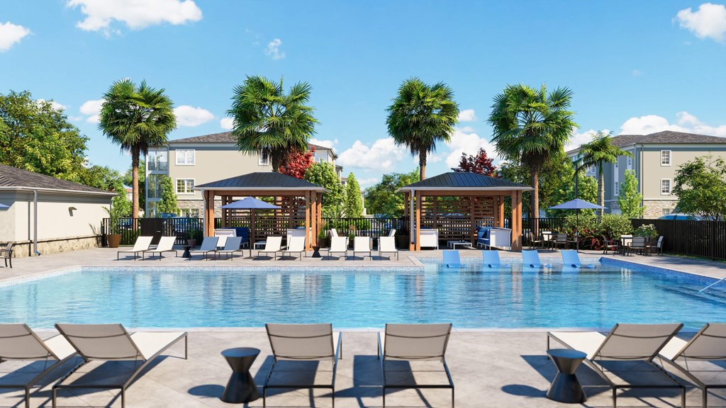 Rendering of a pool with trees in the background at Vanguard apartments in Newberry, FL