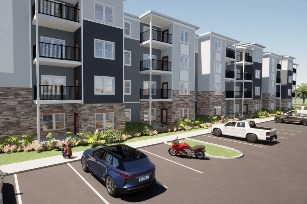 a rendering of an apartment complex with cars and motorcycles in the parking lot