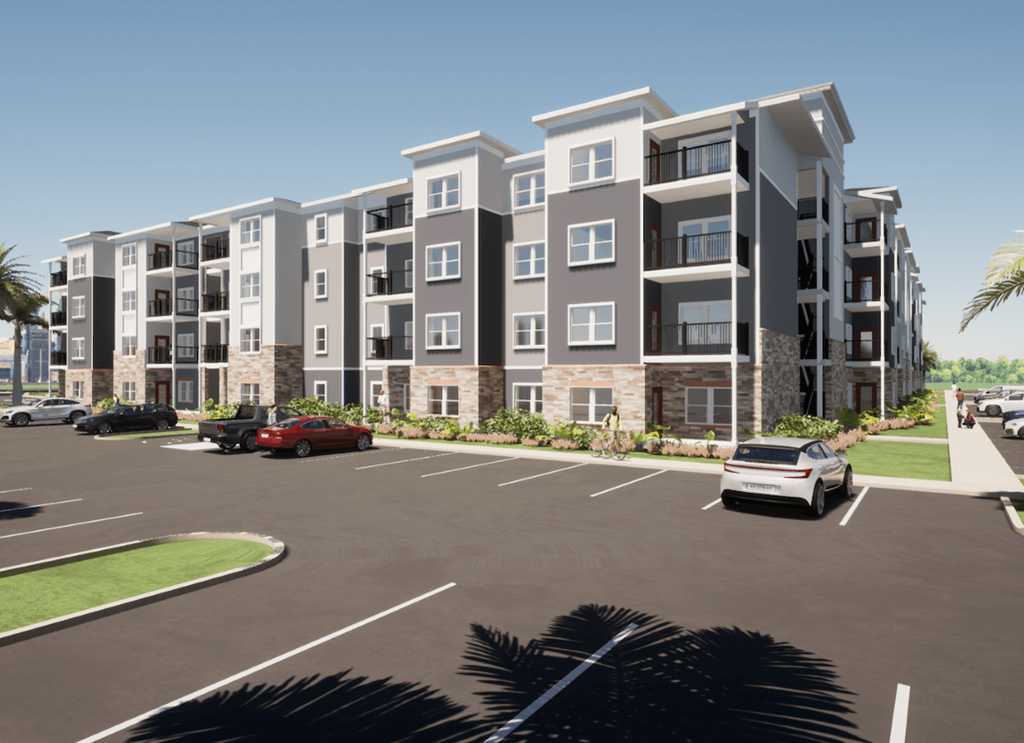 a rendering of an apartment building with a parking lot in front of it