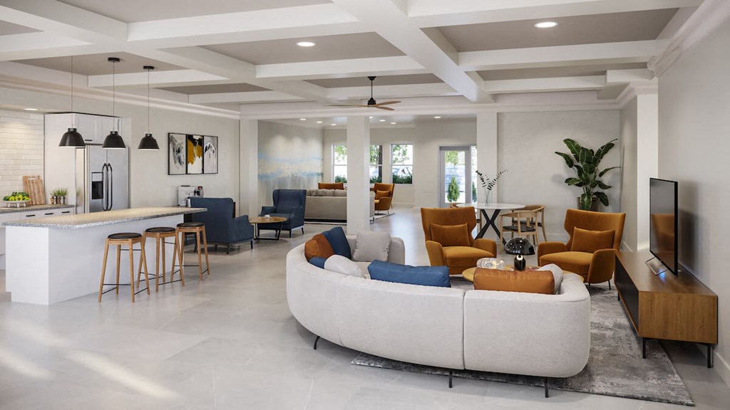 a living room filled with furniture and a large window