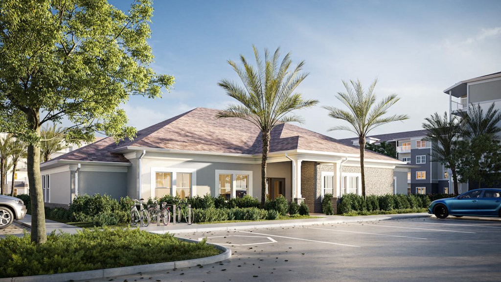a rendering of a building with palm trees and a parking lot