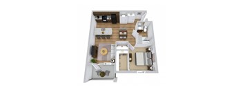 A top-down view of a modern apartment layout with a kitchen, living room, and dining area.