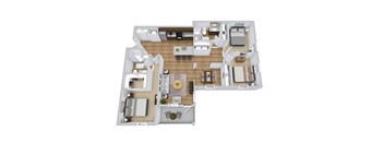 A top-down view of a house layout with a kitchen, living room, and bedrooms.