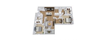 A floor plan of a house with a living room, dining room, kitchen, and two bedrooms.