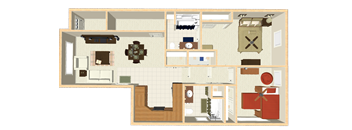 A floor plan of a house with a living room, kitchen, and bathroom.