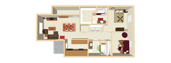 An apartment floor plan image with a kitchen, living room, and two bedrooms.