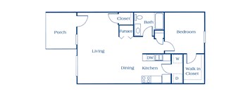 A floor plan of a house with a porch, living room, dining room, kitchen, and bedroom.
