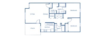 A floor plan of a house with a living room, dining room, kitchen, two bathrooms, a porch, and two bedrooms.