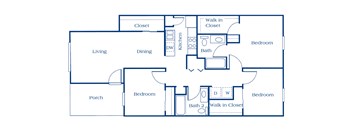 A floor plan of a house with a living room, dining room, kitchen, and three bedrooms.
