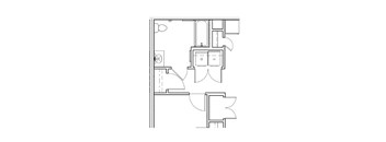 A floor plan of a house with a kitchen, living room, and two bedrooms.