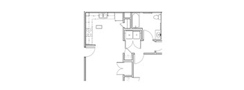 A floor plan of a house with a kitchen, living room, and two bedrooms.