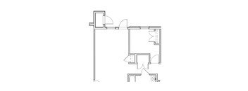 A black and white floor plan of a house with a kitchen, living room, and two bedrooms.