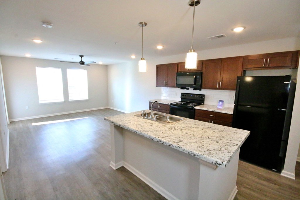 A kitchen with a granite countertop and black appliances.