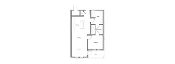 A floor plan of a house with a kitchen, living room, dining room, bedroom, bathroom, and laundry area.