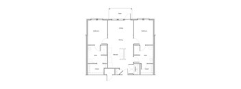 A floor plan of a house with two bedrooms, a bathroom, a kitchen, a living room, a dining room, and a patio.