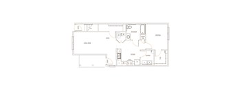 A floor plan of a house with a living room, kitchen, and bathroom.