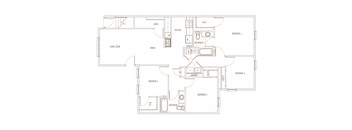 A floor plan of a house with labeled rooms and appliances.