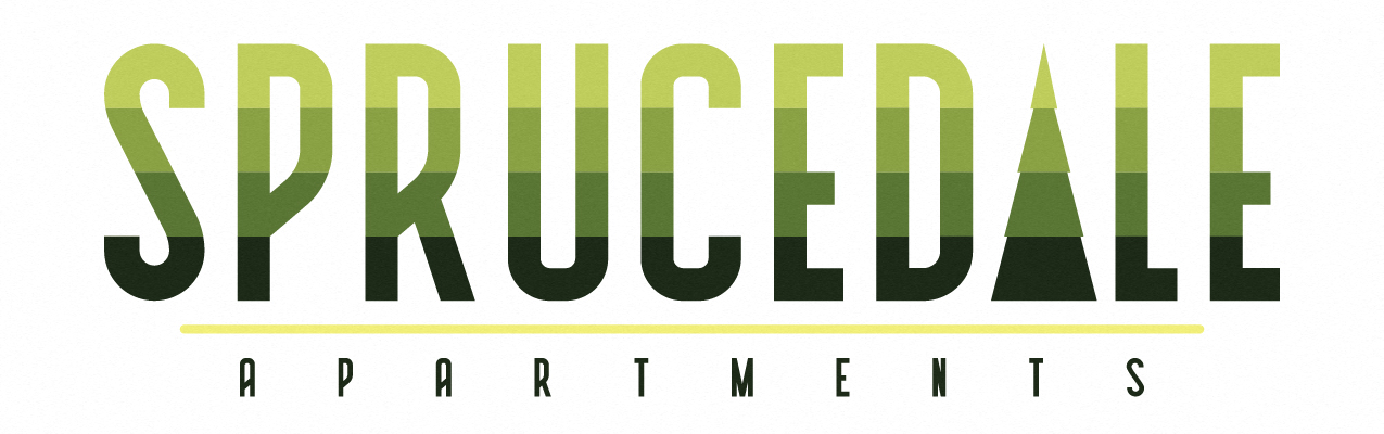 The image shows the word "SPRUCEDALE" in large, bold letters with a green gradient effect, followed by the words "APARTMENTS" in smaller letters.
