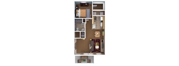 A floor plan of a small apartment with a bedroom, living room, and kitchen.