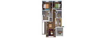 A floor plan of a small apartment with a kitchen, living room, and bathroom.