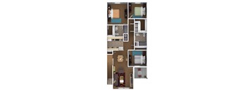 A floor plan of a small apartment with a kitchen, living room, and bathroom.