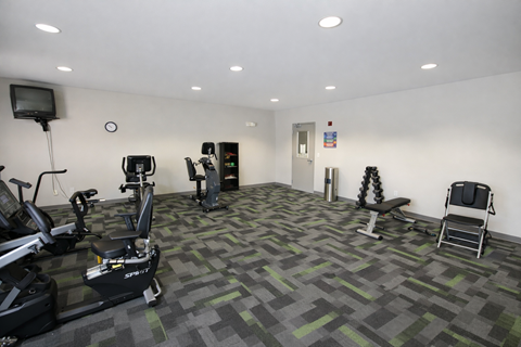 A gym with a variety of equipment including treadmills, stationary bikes, and weight machines.