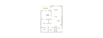 An apartment floor plan with a living room, dining room, kitchen, pantry, bath, closet, laundry, and master bedroom.