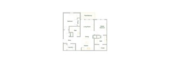 An apartment floor plan with a living room, dining room, kitchen, and multiple bedrooms.