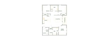 An apartment floor plan with three bedrooms, a pantry, a living room, a kitchen, a laundry room, a bathroom, a closet, and a master bedroom.