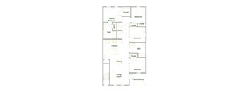 A 4 bedroom apartment floor plan with a master bedroom, kitchen, dining, and living room with a patio/balcony