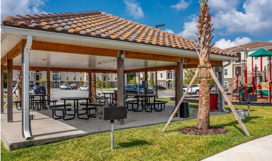 The picnic pavilion with picnic tables at the Flats at Sundown in North Port, Florida