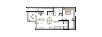 A floor plan of a house with a kitchen, living room, and bathroom.