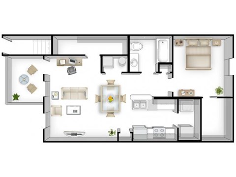 A floor plan of a house with a kitchen, living room, and bathroom.