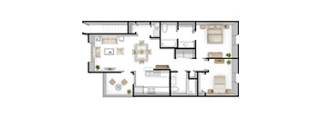 A floor plan of a house with a kitchen, living room, dining room, and bedrooms.