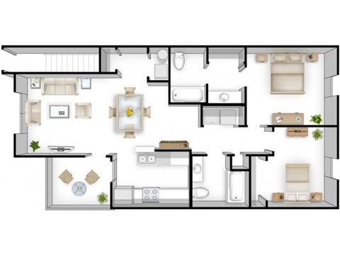 A floor plan of a house with a kitchen, living room, dining room, and bedrooms.