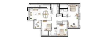 A floor plan of a house with multiple rooms and furniture layouts.