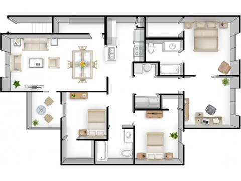 A floor plan of a house with multiple rooms and furniture layouts.