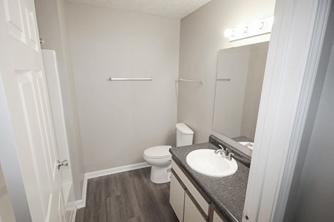 A bathroom with a toilet, sink, and mirror.