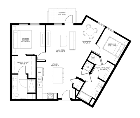the floor plan of a bedroom apartment