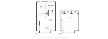 A floor plan for a two-story home with a living room, kitchen, and two bedrooms.