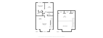 A floor plan for a home with a living room, kitchen, and two bathrooms.