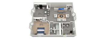 A 3D floor plan of a house showing a kitchen, dining area, study, and bedrooms.