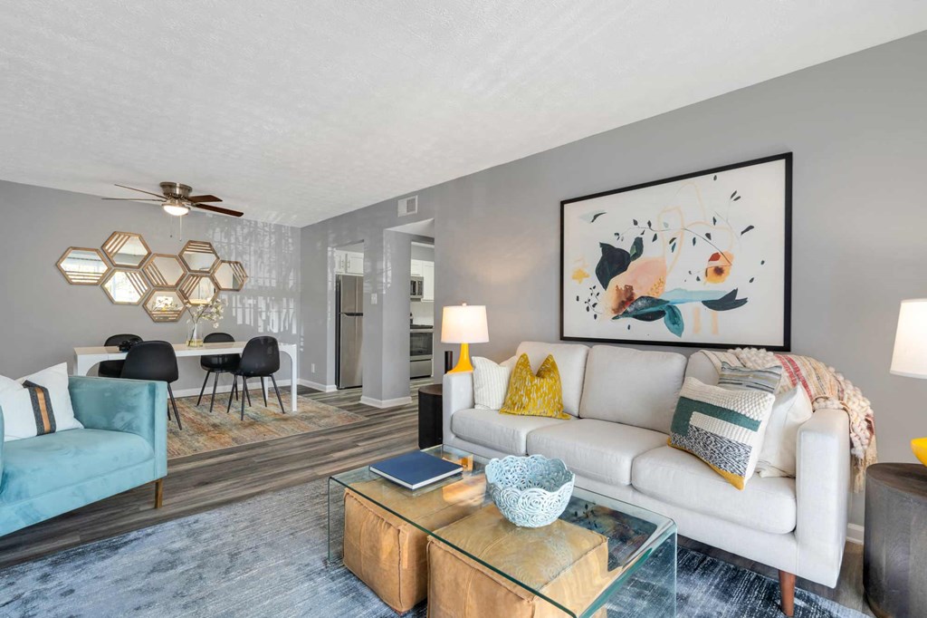 a living room with a couch and a coffee table