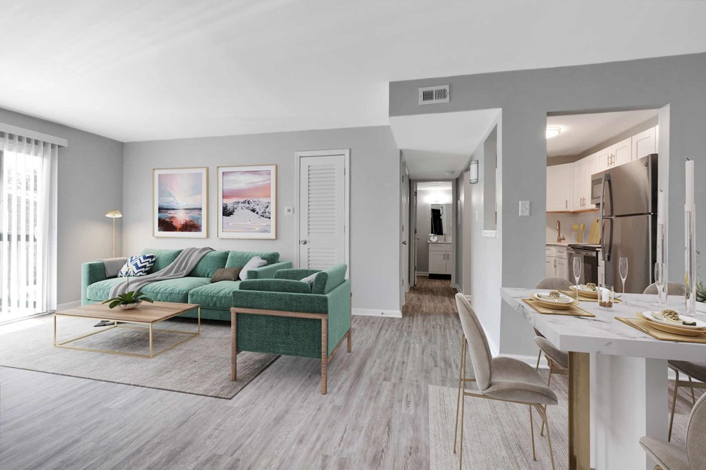 a living room with a couch and a table