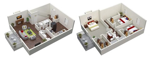 a 3d rendering of a bedroom and living room at Stonewater Apartments, Louisville Kentucky