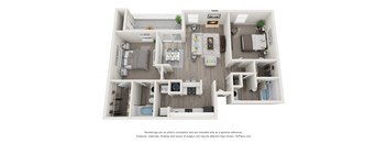 A 3D floor plan of a house with a kitchen, living room, and two bedrooms.