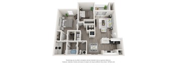 A 3D floor plan of a house with a kitchen, living room, and bathroom.