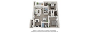 A 3D floor plan of a small apartment with a kitchen, living room, and bedroom.