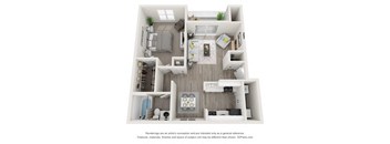 A 3D floor plan of a house with a kitchen, living room, and bathroom.